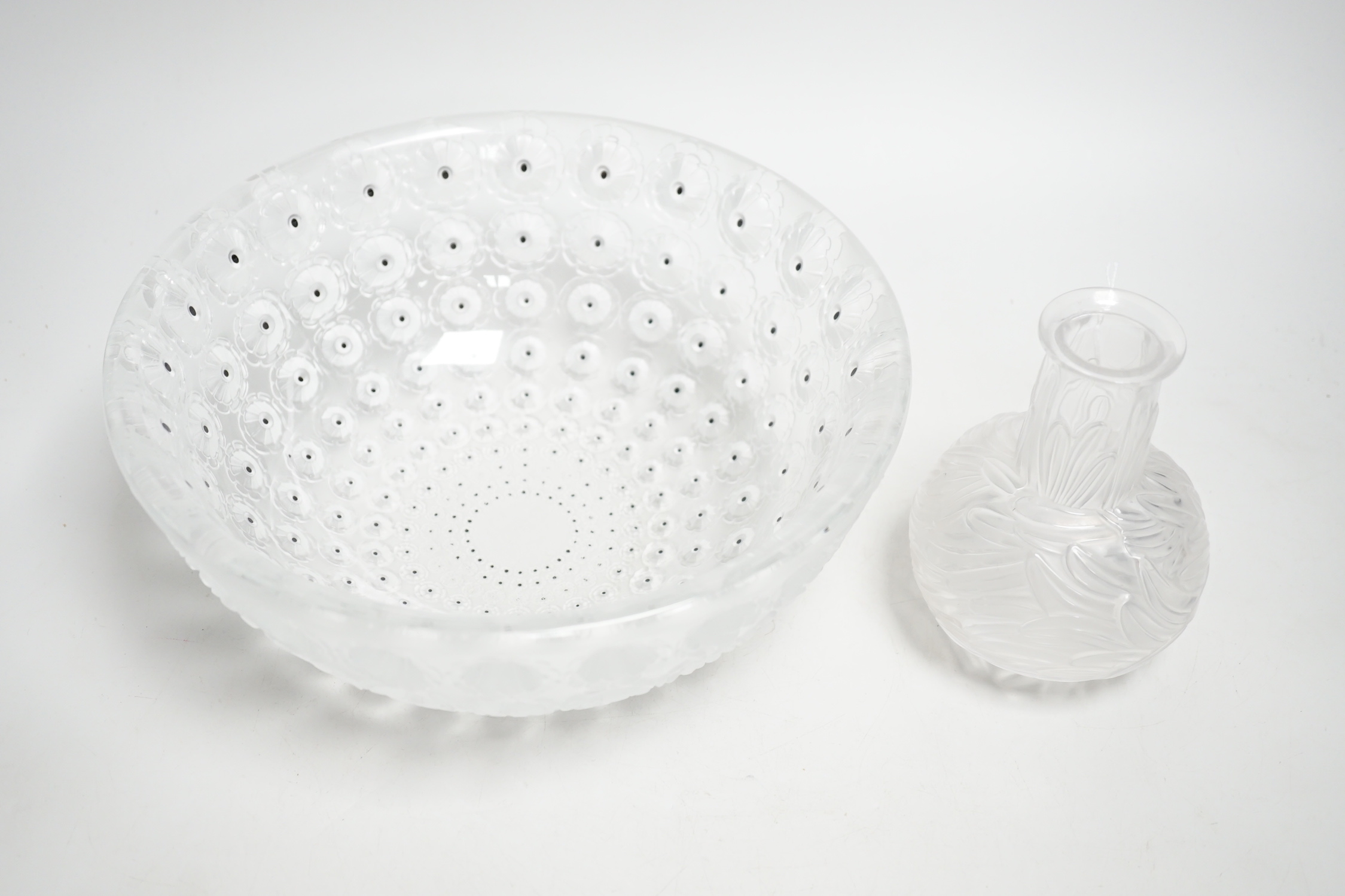 A Lalique 'Nemours' bowl, 25cm diameter and a Lalique vase, 13cm high (2)